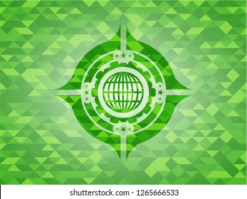 globe, website icon inside green emblem with mosaic ecological style background