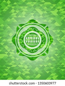globe, website icon inside green emblem with mosaic ecological style background
