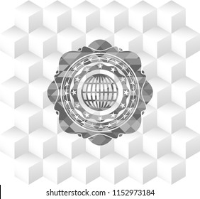 globe, website icon inside grey icon or emblem with geometric cube white background