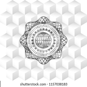 globe, website icon inside grey badge with geometric cube white background
