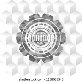 globe, website icon inside grey badge with geometric cube white background