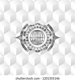 globe, website icon inside grey icon or emblem with geometric cube white background