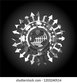 globe, website icon inside grey camouflaged emblem
