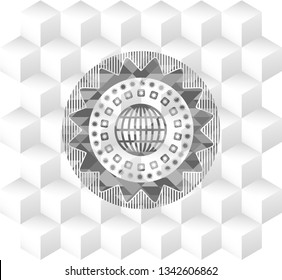 globe, website icon inside grey emblem with geometric cube white background