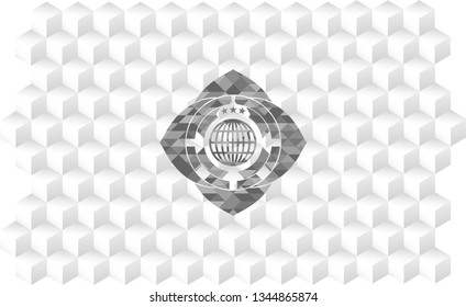 globe, website icon inside grey icon or emblem with geometric cube white background