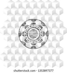 globe, website icon inside grey emblem with cube white background