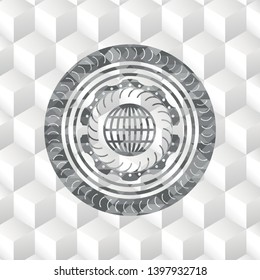 globe, website icon inside grey icon or emblem with geometric cube white background
