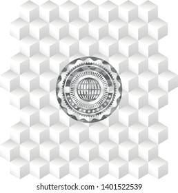 globe, website icon inside grey badge with geometric cube white background