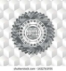 globe, website icon inside grey emblem with geometric cube white background