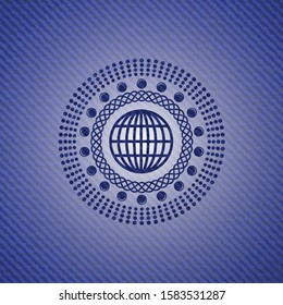 globe, website icon inside jean or denim emblem or badge background