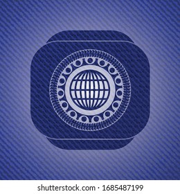 globe, website icon inside jean or denim emblem or badge background