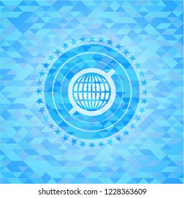 globe, website icon inside light blue emblem with mosaic ecological style background