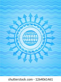 globe, website icon inside light blue water wave style emblem.