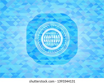 globe, website icon inside light blue emblem. Mosaic background