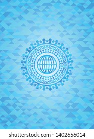 globe, website icon inside light blue emblem with triangle mosaic background