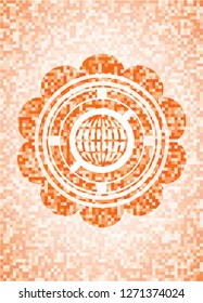globe, website icon inside orange tile background illustration. Square geometric mosaic seamless pattern with emblem inside.