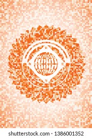 globe, website icon inside orange tile background illustration. Square geometric mosaic seamless pattern with emblem inside.