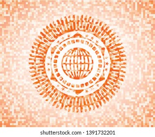 globe, website icon inside orange tile background illustration. Square geometric mosaic seamless pattern with emblem inside.
