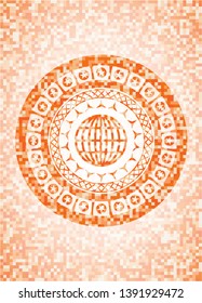 globe, website icon inside orange tile background illustration. Square geometric mosaic seamless pattern with emblem inside.