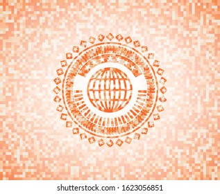 globe, website icon inside orange tile background illustration. Square geometric mosaic seamless pattern with emblem inside.