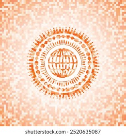 globe, website icon inside orange mosaic emblem with background. 