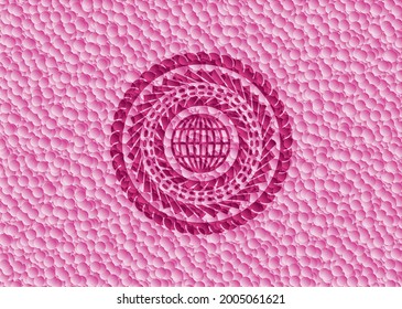 globe, website icon inside pink badge with bubbles background. Vector Illustration. Detailed. 