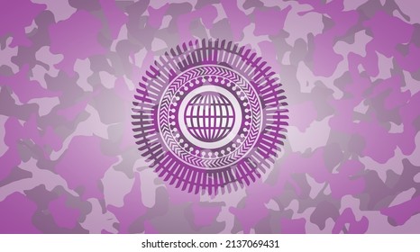 globe, website icon inside pink and purple camo texture. 