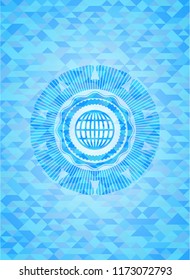 globe, website icon inside realistic light blue mosaic emblem