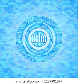 globe, website icon inside realistic sky blue emblem. Mosaic background