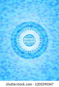 globe, website icon inside realistic sky blue mosaic emblem