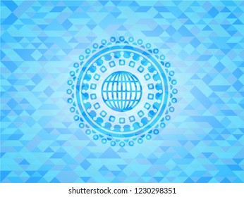 globe, website icon inside realistic sky blue mosaic emblem