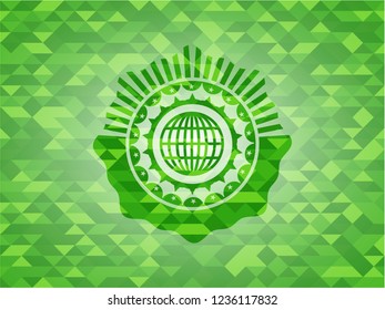 globe, website icon inside realistic green mosaic emblem