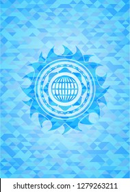 globe, website icon inside realistic sky blue mosaic emblem