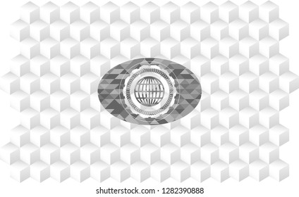 globe, website icon inside realistic grey emblem with cube white background