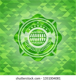 globe, website icon inside realistic green emblem. Mosaic background