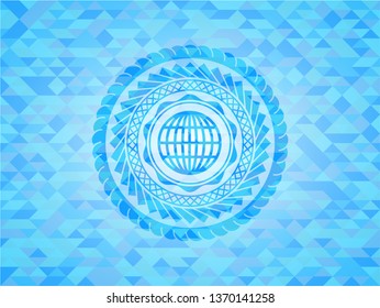 globe, website icon inside realistic light blue emblem. Mosaic background