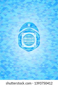 globe, website icon inside realistic sky blue mosaic emblem