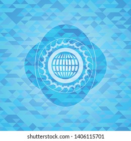 globe, website icon inside realistic light blue emblem. Mosaic background
