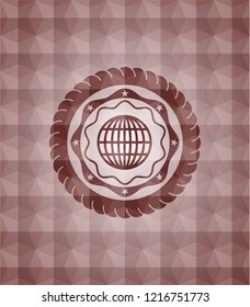 globe, website icon inside red geometric pattern emblem. Seamless.