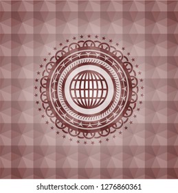 globe, website icon inside red seamless emblem or badge with abstract geometric pattern background.