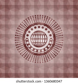 globe, website icon inside red emblem or badge with abstract geometric polygonal pattern background. Seamless.