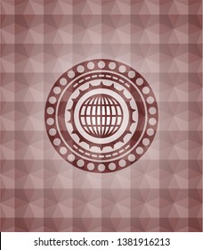 globe, website icon inside red emblem or badge with geometric pattern background. Seamless.