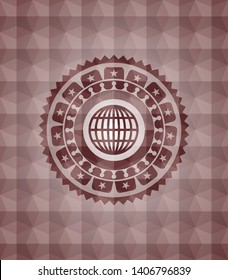 globe, website icon inside red seamless emblem or badge with abstract geometric pattern background.