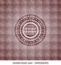 globe, website icon inside red emblem or badge with geometric pattern background. Seamless.