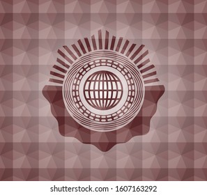 globe, website icon inside red emblem or badge with geometric pattern background. Seamless.