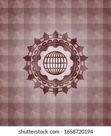 Globus, Website-Symbol in rotem, nahtlosem Abzeichen mit geometrischem Hintergrund.