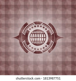 globo, icono del sitio web dentro de la insignia de marea roja sin soldadura con fondo de patrón geométrico. 