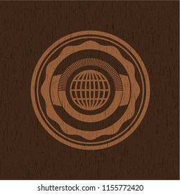 globe, website icon inside retro wooden emblem