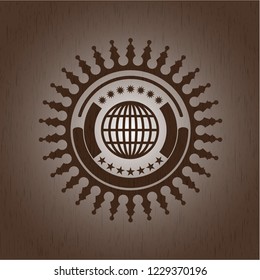 globe, website icon inside retro style wooden emblem