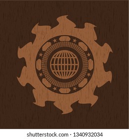globe, website icon inside retro style wooden emblem